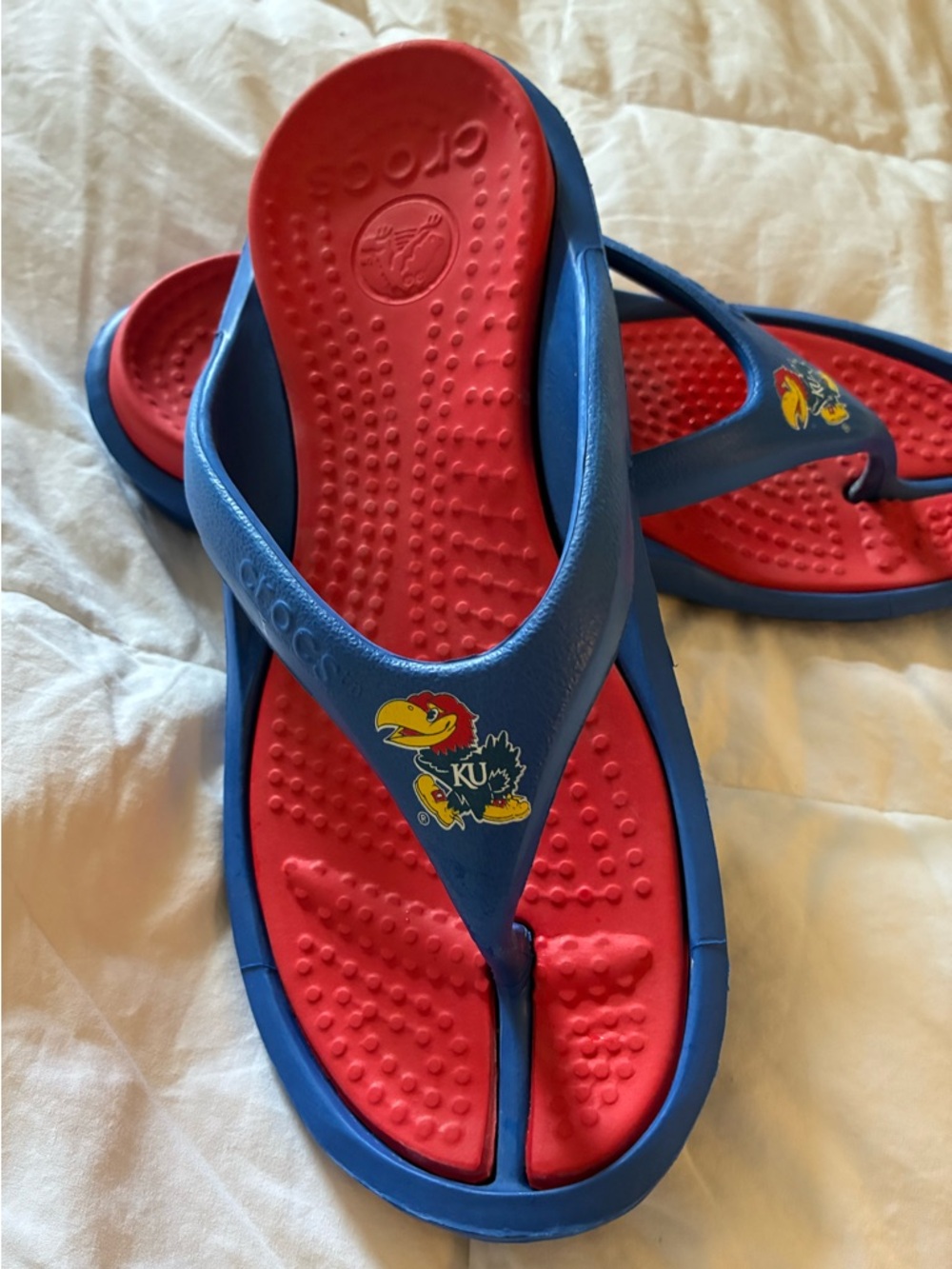 CROCS Blue Strap Red Footbed Kansas Jayhawks Flip Flops